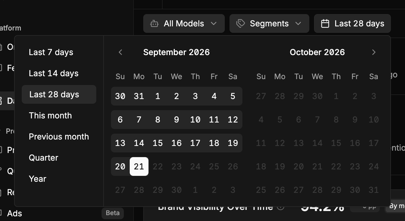 The date range picker open, with presets and a two-month calendar